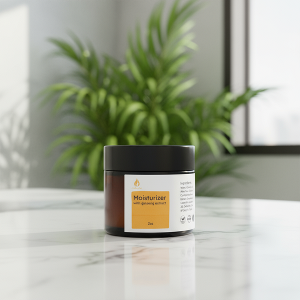 Jar of moisturizer with ginseng extract on a white background