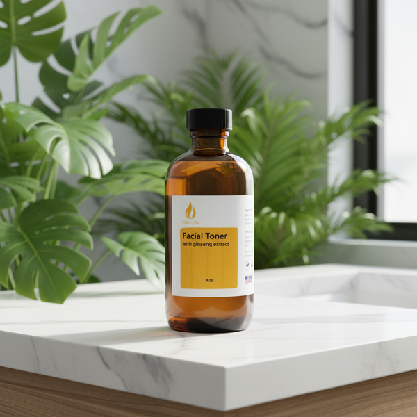 Bottle of facial toner with ginseng extract on a white background with green leaves.