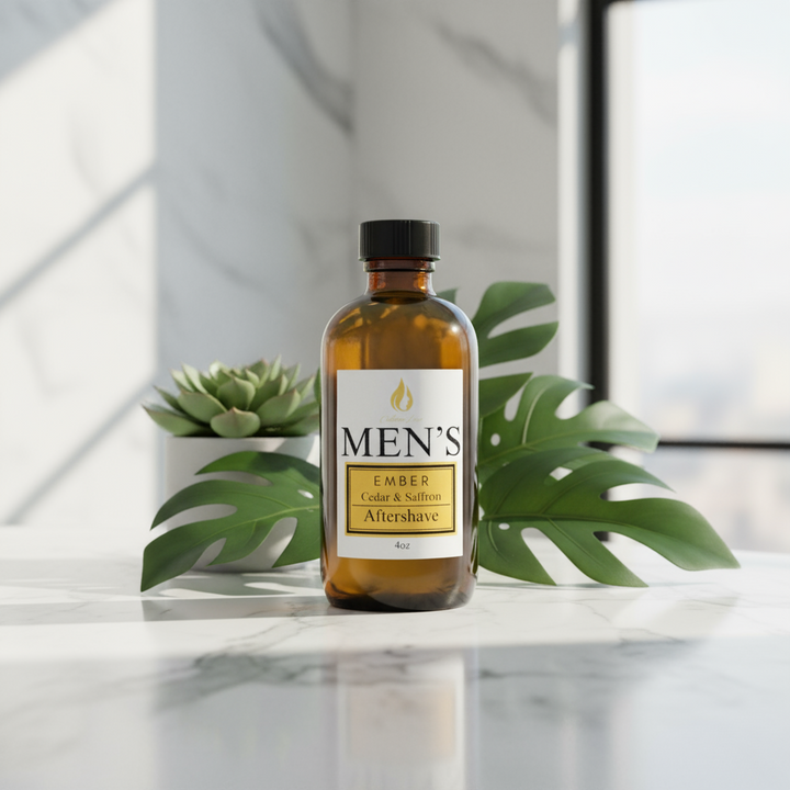 Amber bottle of Men's Cedar & Saffron Aftershave on a white background