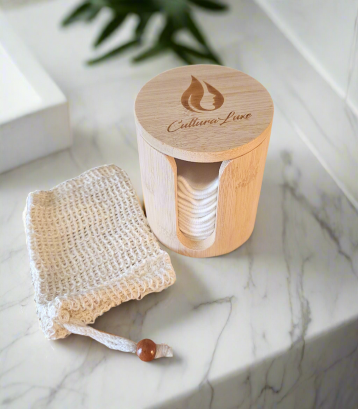 Wooden container with a lid and a mesh bag on a white background