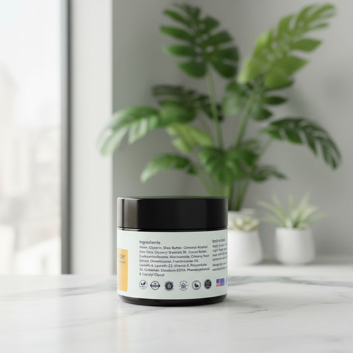 Jar with a white label displaying ingredients and instructions on a white background