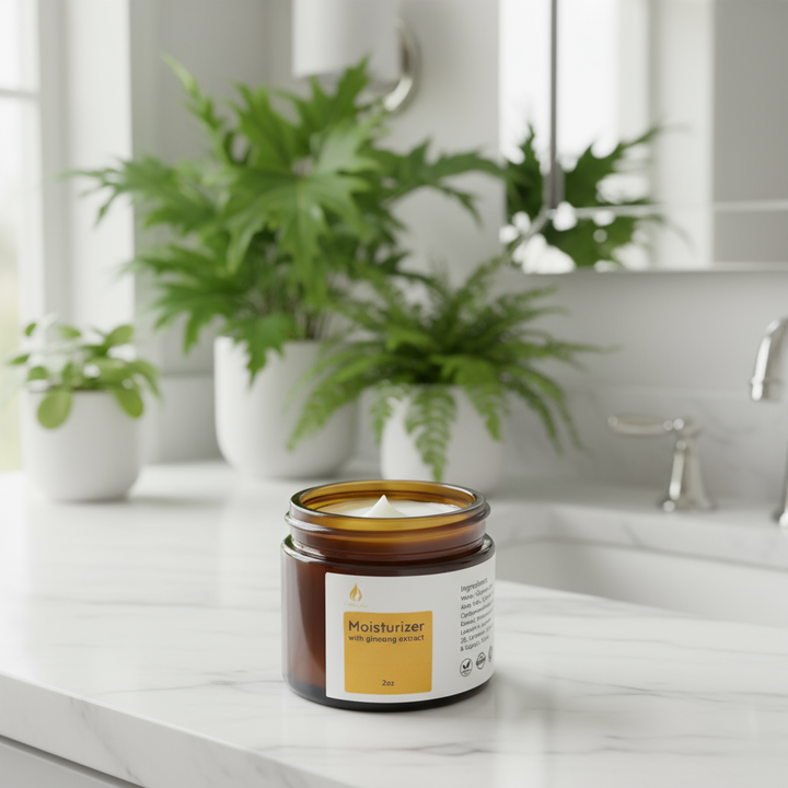 Jar of moisturizer with ginseng extract on a white background