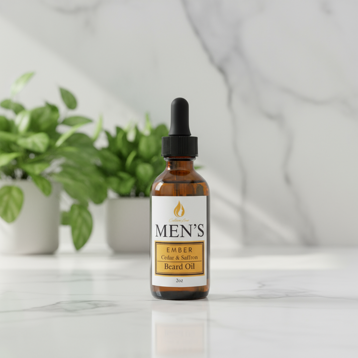 Bottle of Men's Cedar & Saffron Beard Oil on a white background